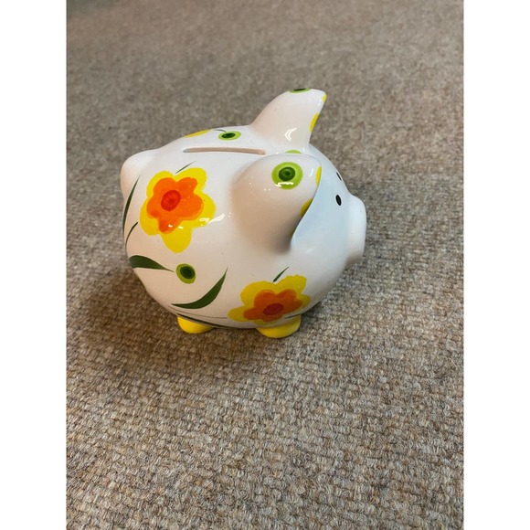 Unknown Other - Floral Hand painted Orange and Yellow Piggy Bank